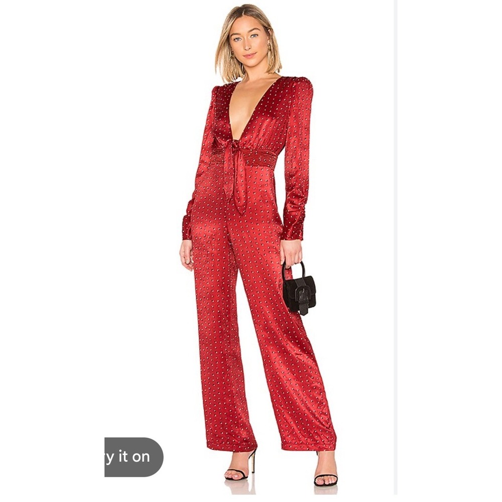 House of Harlow 1960 x REVOLVE Red Polka Dot Satin Jumpsuit Deep V-Neck Small